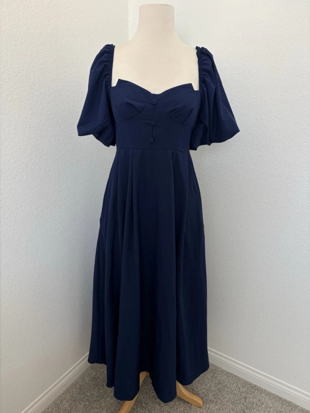 Classic Navy Puff-Sleeve Midi Dress
